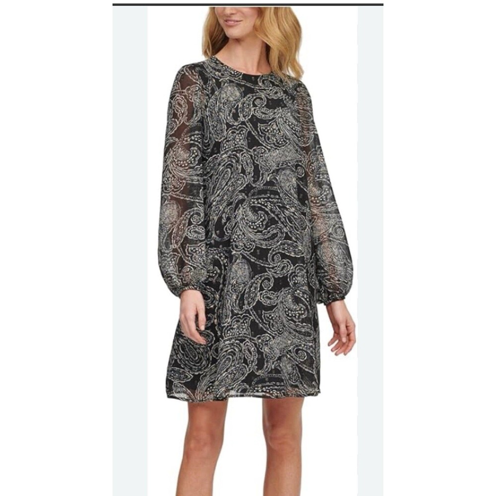 Calvin Klein Black White Paisley Long Sleeve Sheer Lined Dress Size 4 Career